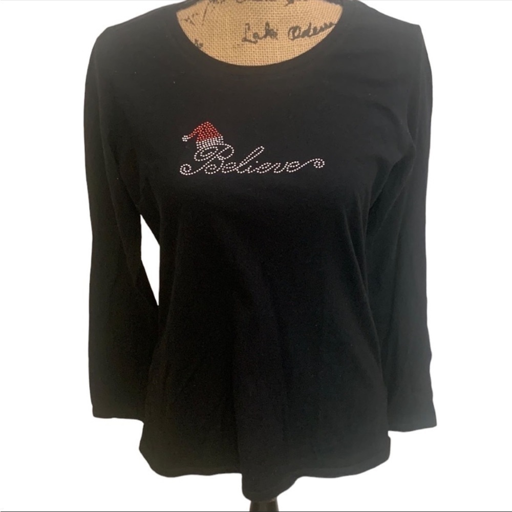 Rhinestone Believe Christmas Santa Hat Long Sleeve Holiday Tee‎ Shirt Size M